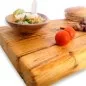 Preview: Servierbrett aus Massivholz / Altholz in Farbe honey dekoriert mit Salat, Tomaten, Fleischspießen, Reis und zwei Burgern